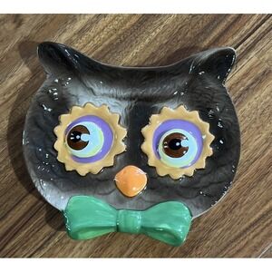 New 7.5" Ceramic Halloween Owl Bow Tie Candy Dish Plate Figurine Decor 3D Eyes
